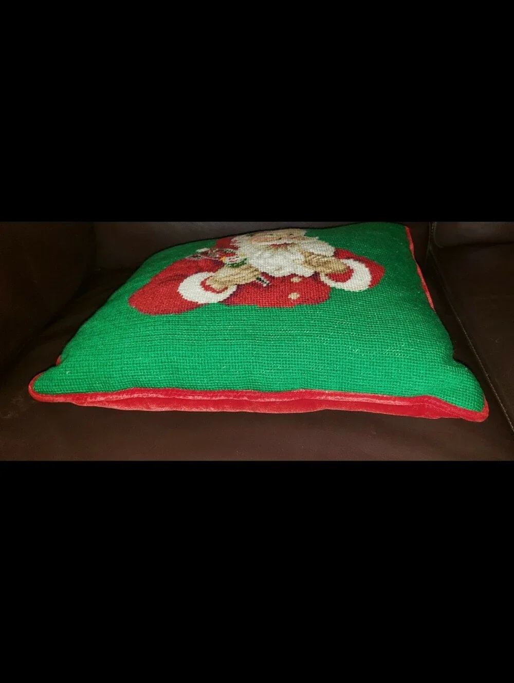 Vintage Mischievous Looking Santa With Jester/Clown Toy Needlepoint Pillow